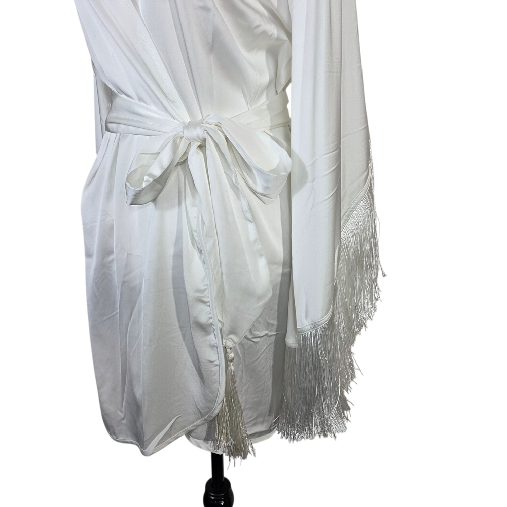 Homebodii Pricilla fringe Luxury White Satin Robe - Picture 7 of 16